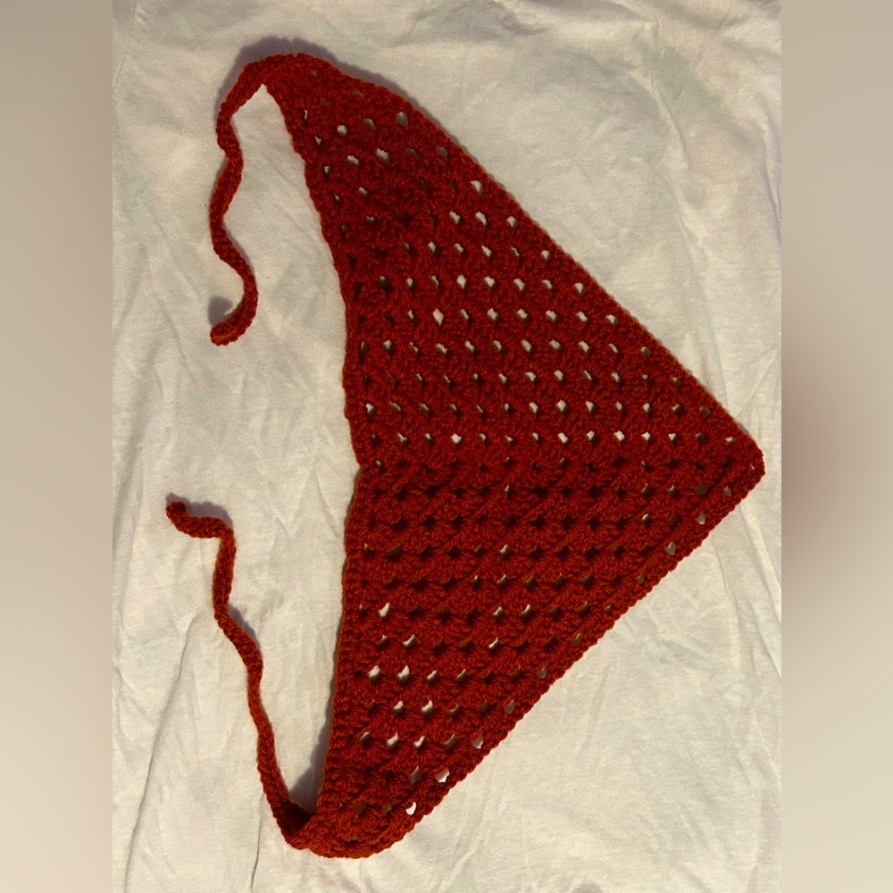 Handmade crochet maroon head scarf.